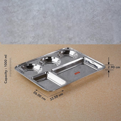 Sumeet Stainless Steel Rectangular 5 in 1 Compartment Lunch/Dinner Plate - small - Dista