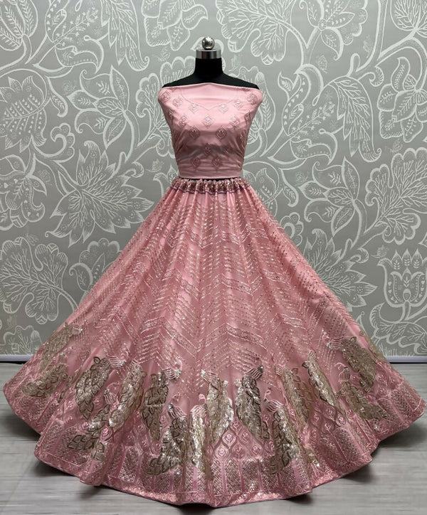 Jyoti Fashion Women's Pink Bridal Net Fancy Foil & Sequins with Multi Thread Embroidered Wedding Lehenga Choli - Distacart