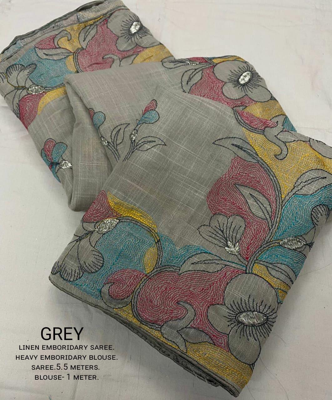 Grey Pure Linen Ethnic Motifs Saree with Unstitched Blouse - A2M