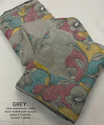 Thumbnail for Grey Pure Linen Ethnic Motifs Saree with Unstitched Blouse - A2M