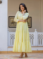 Thumbnail for Kaajh Women's Yellow Embroidered Ethnic Dress - Distacart