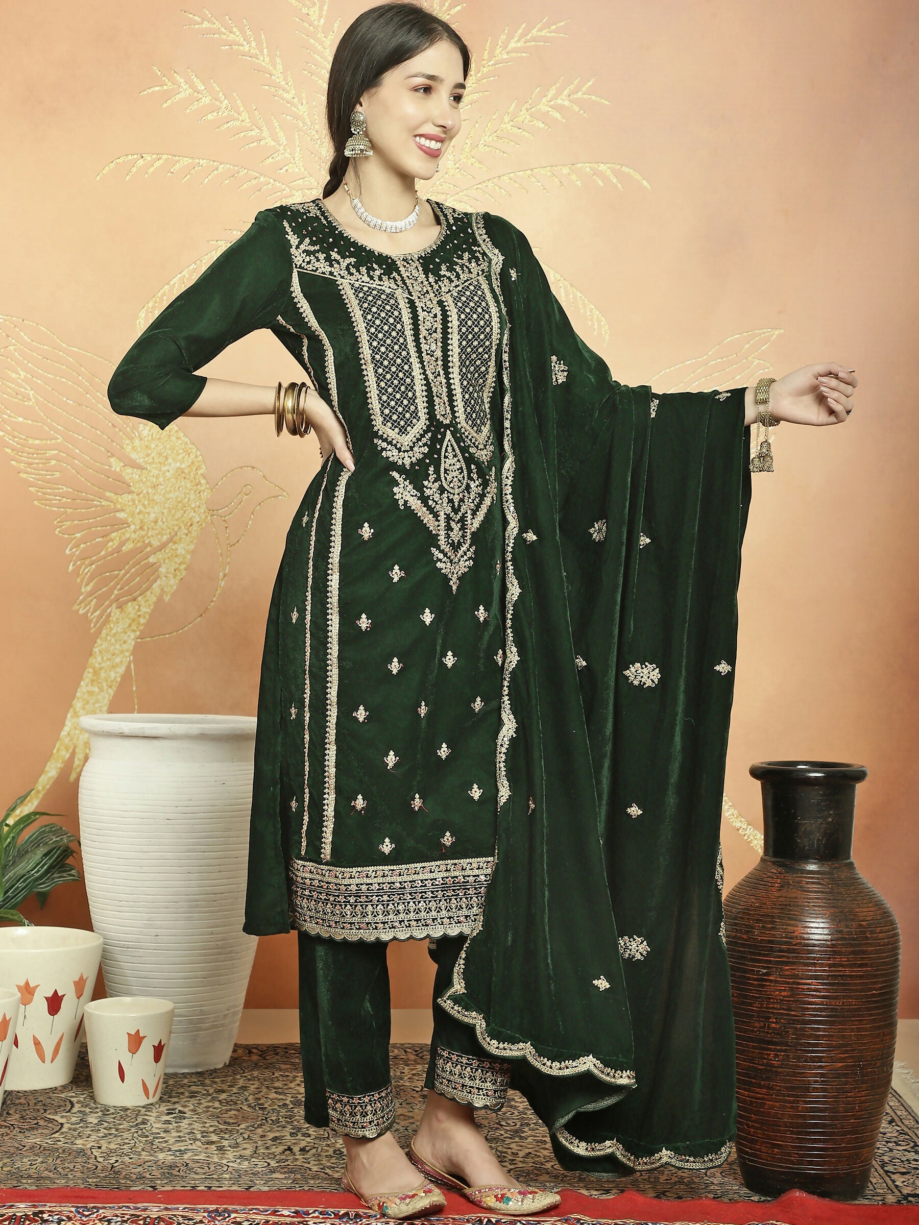 Jyoti Fashion Women's Green Velvet Cording with Resham Thread & Sequin Kurta with Trouser & Dupatta - Distacart