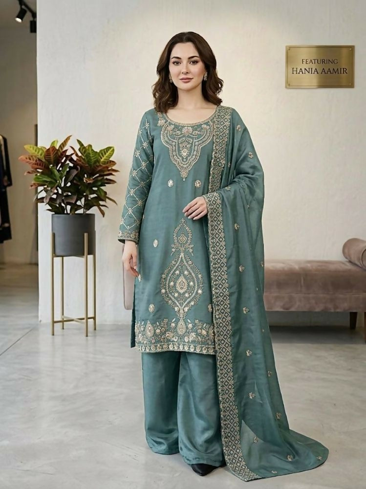 Teeya Creation Teal Color Gimmychu Silk Embroidery Work Wedding Wear Salwar Suit - Distacart