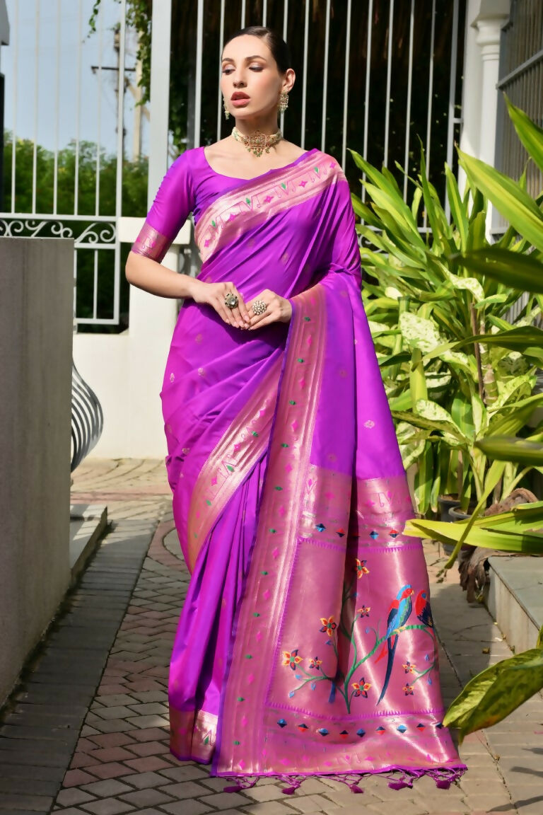 Vishnu Weaves Women's Purple Paithani Silk Zari Woven Saree with Blouse