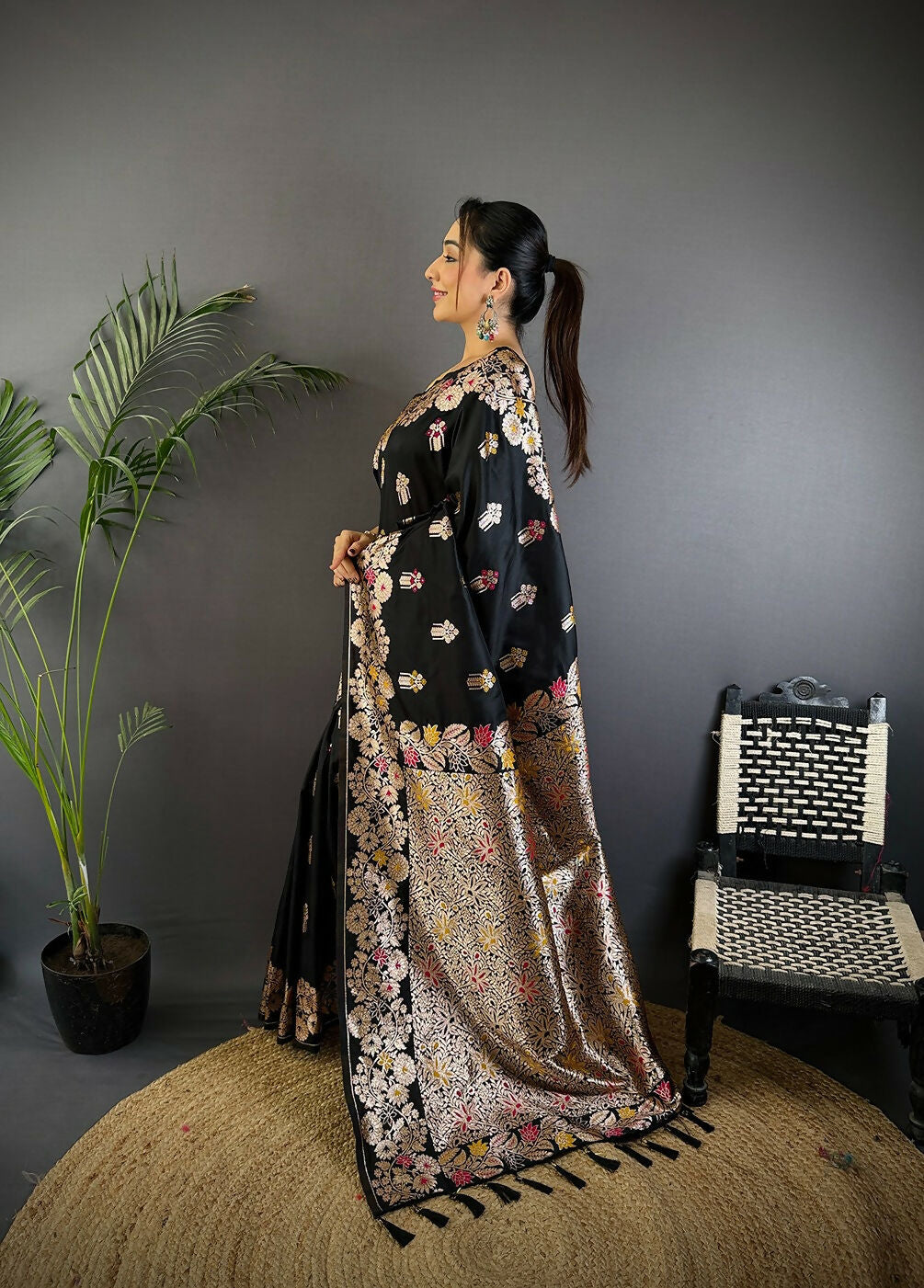 Joban Fashion Meenakari Black Woven Soft Silk Saree