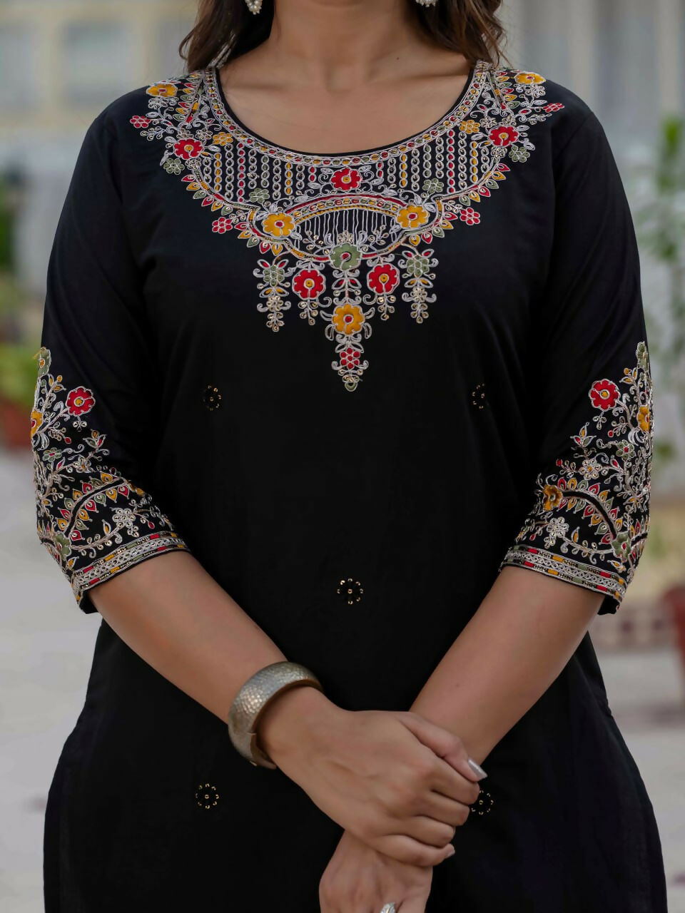 Preksha Creation Wedding Special Premium Roman Silk Coding Embroidery With Sequins Work Kurti Dupatta With Pant