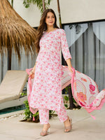 Thumbnail for The52 Pink Women's Beautiful Printed Silk Blend Fabric with Straight Kurta, Pant and Dupatta Set - Distacart