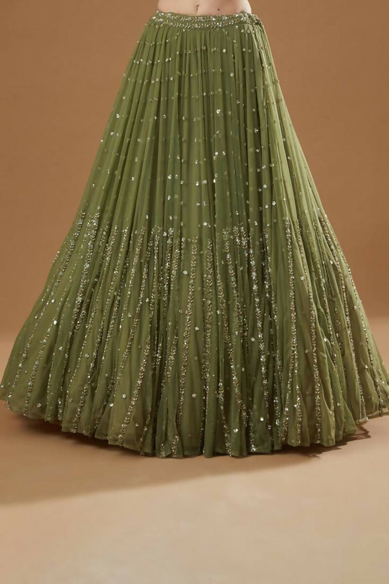 Jyoti Fashion Glamorous Olive Green Zari and Thread Embroidered Georgette Lehenga Choli with Dupatta - Distacart