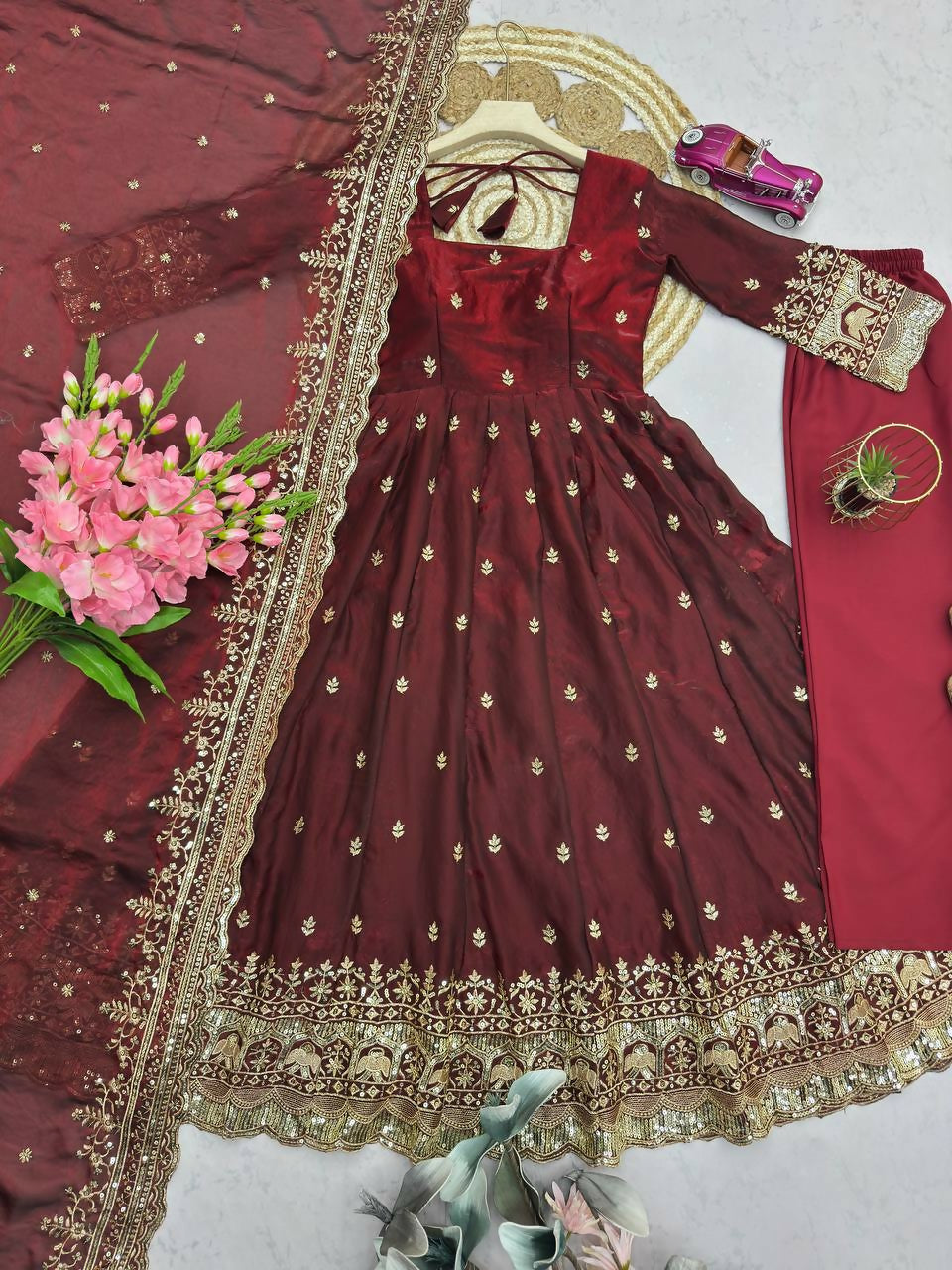 Teeya Creation Maroon Fendi Silk Designer Heavy Work Wedding Wear Long Gown - Distacart
