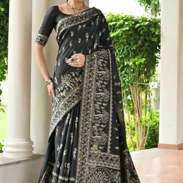 Vishnu Weaves Women's Black Handloom Raw Silk Thread Weaving Saree with Blouse