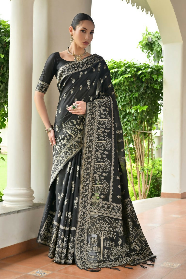 Vishnu Weaves Women's Black Handloom Raw Silk Thread Weaving Saree with Blouse