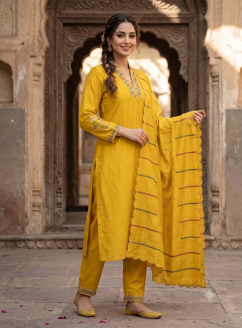Teeya Creation Mustard Yellow Embroidered Silk Kurta Pant Set With Dupatta - Dista