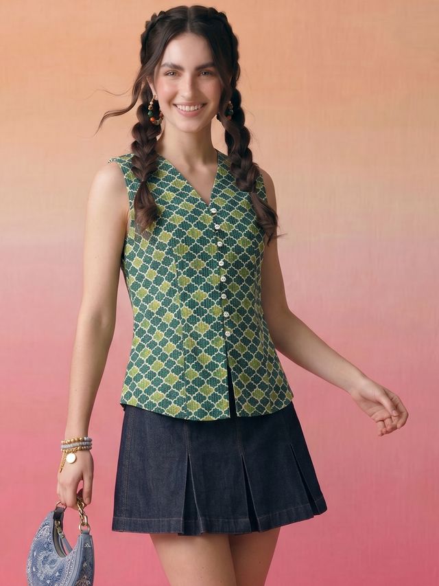 Janasya Teal Waistcoat Cotton Top - Dista