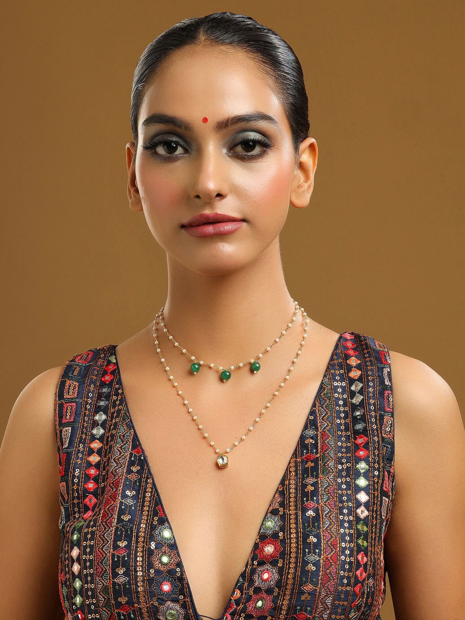 Ruby Raang Gold Kundan and Green Stone Layered Necklace