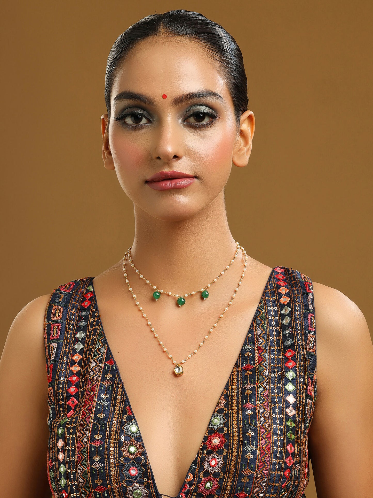 Ruby Raang Gold Kundan and Green Stone Layered Necklace - Distacart