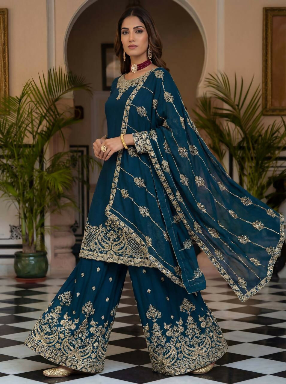 Teeya Creation Teal Chinon Silk Designer Wedding Wear Embroidery Work Palazzo - Distacart