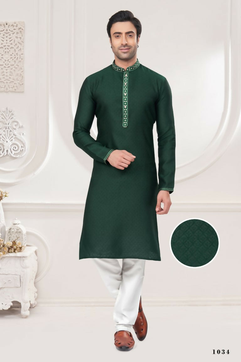 Functional Designer Men's Green Jacquard Kurta With Pant - Rudra - Distacart