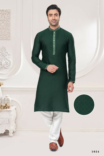 Functional Designer Men's Green Jacquard Kurta With Pant - Rudra - Distacart