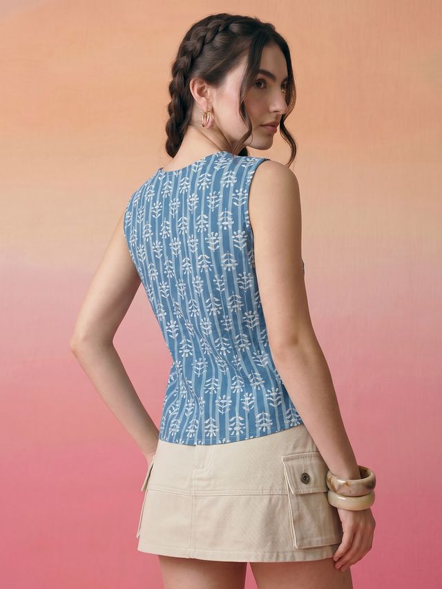 Janasya Blue A-Line Cotton Top - Dista