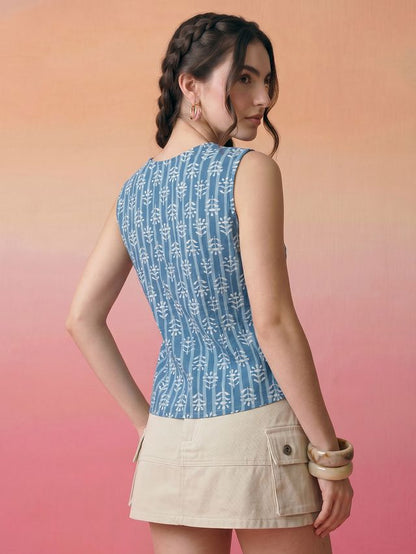 Janasya Blue A-Line Cotton Top - Dista