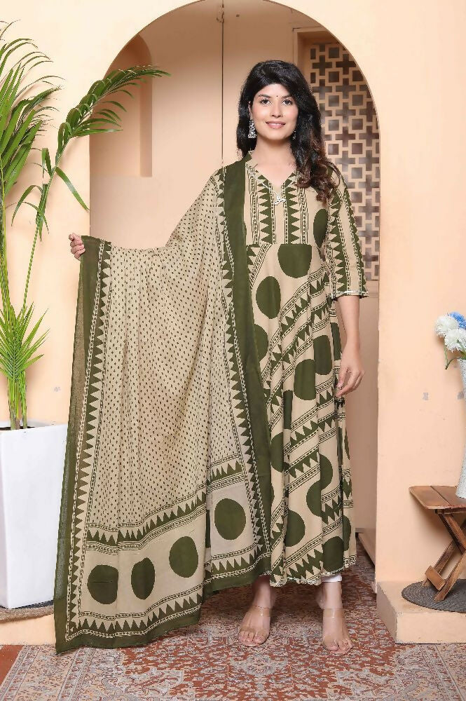 Miravan Women'S Polka Dot Printed Pure Cotton Anarkali Kurta With Dupatta