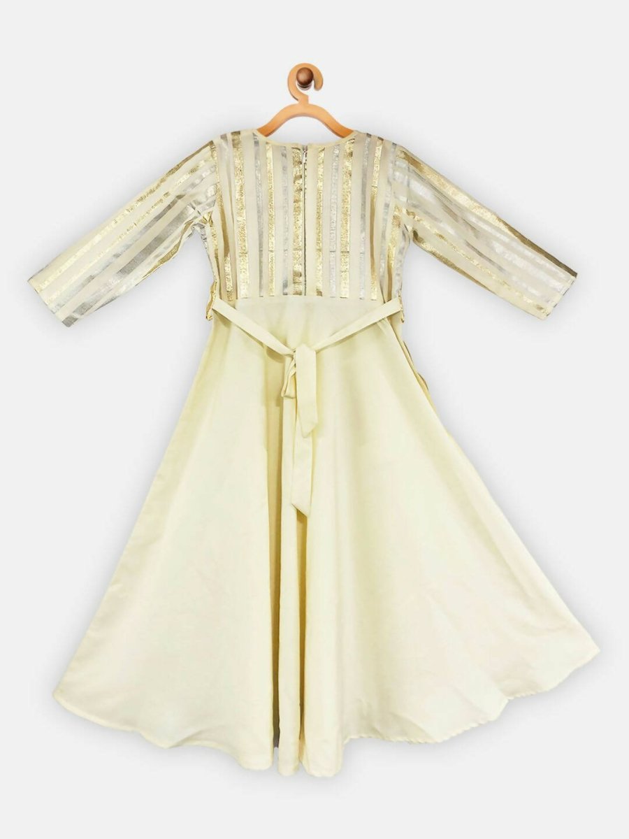 Ahalyaa Cream Crepe Gold Foil Printed Kids Kurta with Jacket For Girls - Distacart