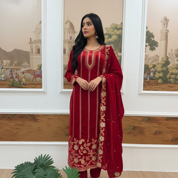 Teeya Creation Red Color Velvet Designer Embroidery Work party Wear Suit - Distacart