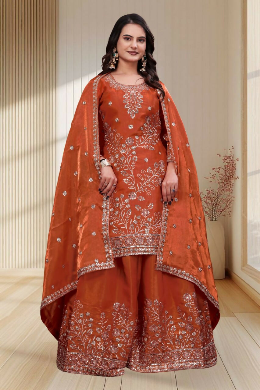 Teeya Creation New Trendy Stylish Rust Orange Embroidered Silk Sharara Suit Set With Dupatta - Dista