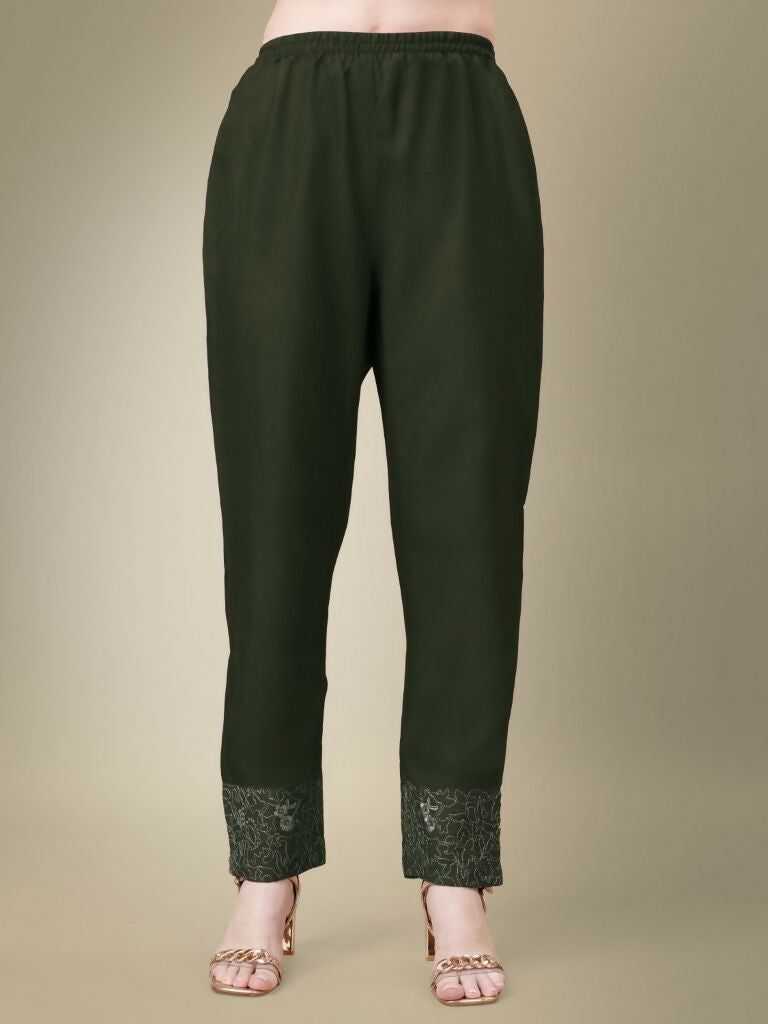 Jyoti Fashion Women's Dark Green Cotton Blend Embroidery & Fancy Lace work Kurta with Trouser & Dupatta - Distacart