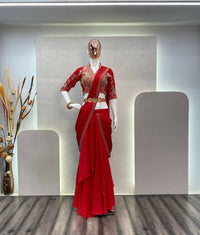 Thumbnail for Preksha Creation Indian Stylist Exclusive Fancy Party Wear Fiyona Silk Lehenga Saree With Heavy Work Blouse And Belt - Red