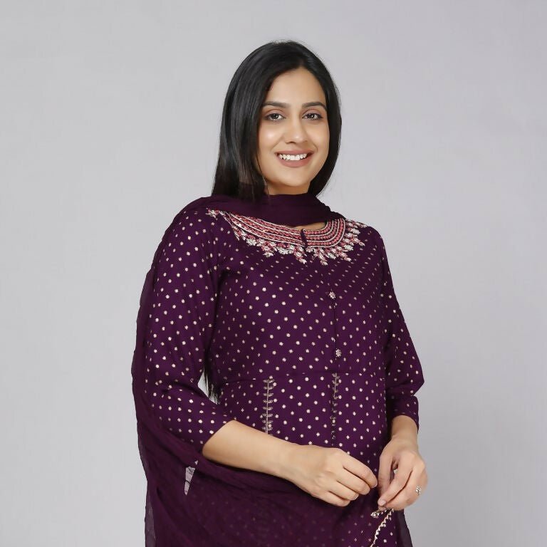 Alvano Women' Stylish Anarkali Kurta with Pant and Dupatta for Women and Girls Rayon (Wine) - Distacart