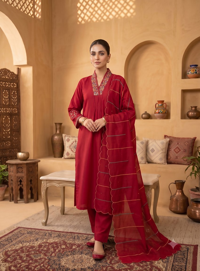 Teeya Creation Rani Pink Embroidered Silk Kurta Pant Set With Dupatta - Dista