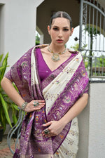 Thumbnail for Vishnu Weaves Women's Wine Banarasi Silk Patola Zari Woven Saree with Blouse