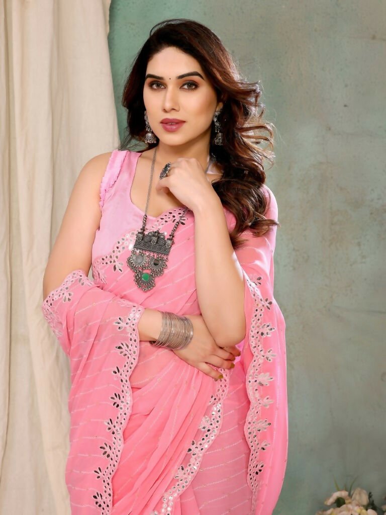 Aafreen Partywear Designer Pink Georgette Fancy Saree - Distacart