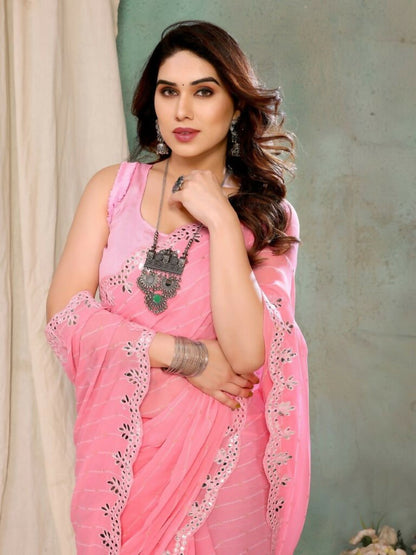 Aafreen Partywear Designer Pink Georgette Fancy Saree - Distacart