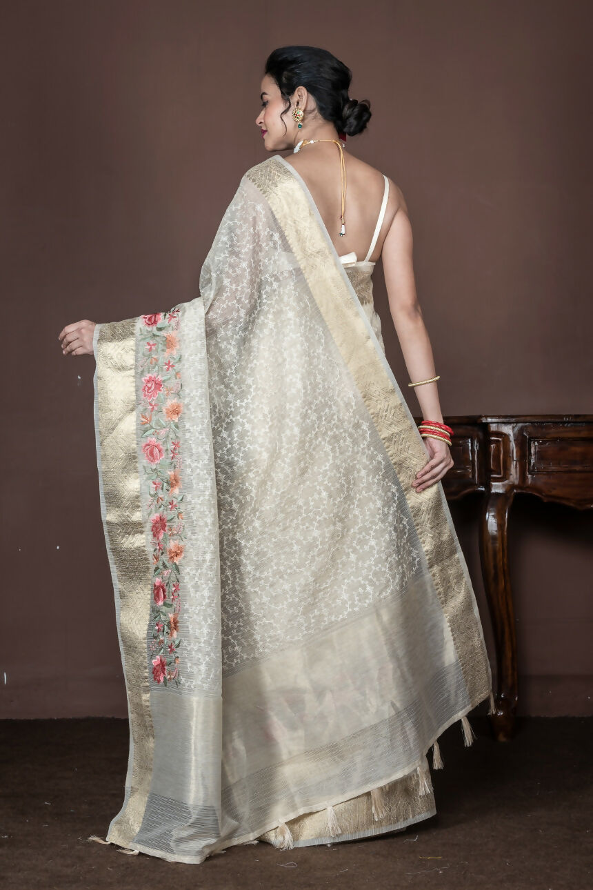 Morchari Beige Banarasi Tissue Computer Embroidery Saree Unstitched Blouse
