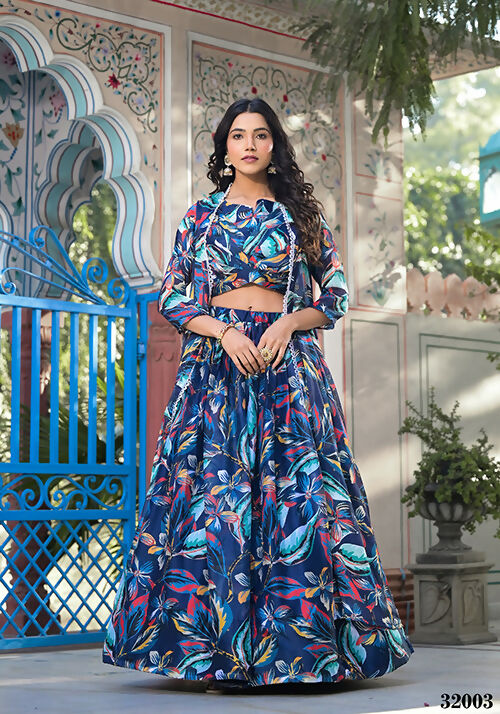 Wedding Partywear Blue Slim Georgette Lehenga Choli with Shrug- Shehnaaz - Distacart