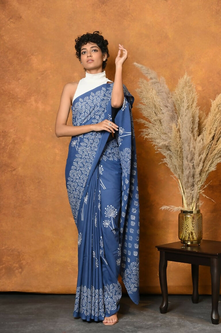 Very Much Indian Handblock Printed Cotton Saree With Natural Dyes - Cyan Blue - Distacart