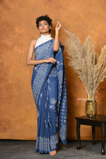 Thumbnail for Very Much Indian Handblock Printed Cotton Saree With Natural Dyes - Cyan Blue - Distacart