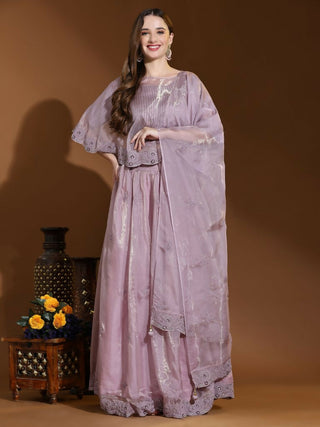 Purple Silk Embroidered Poncho Pattern Top & Lehenga with Dupatta - Tanya - Distacart