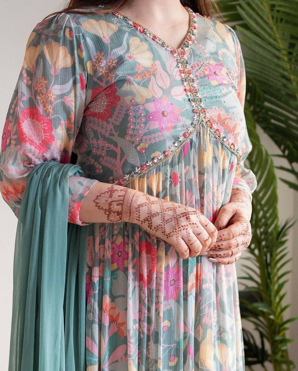 Preksha Creation Designer Fine Cotton Suit Set Full Flared Mugal Print Straight Suit With Dupatta And Pant - Sky Blue - Distacart