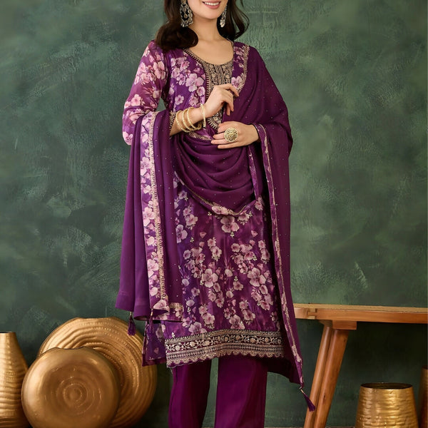 The52 Women's Beautiful Embroidery Work Chinon silk Fabric Straight Kurta Pant and Dupatta Set - Distacart