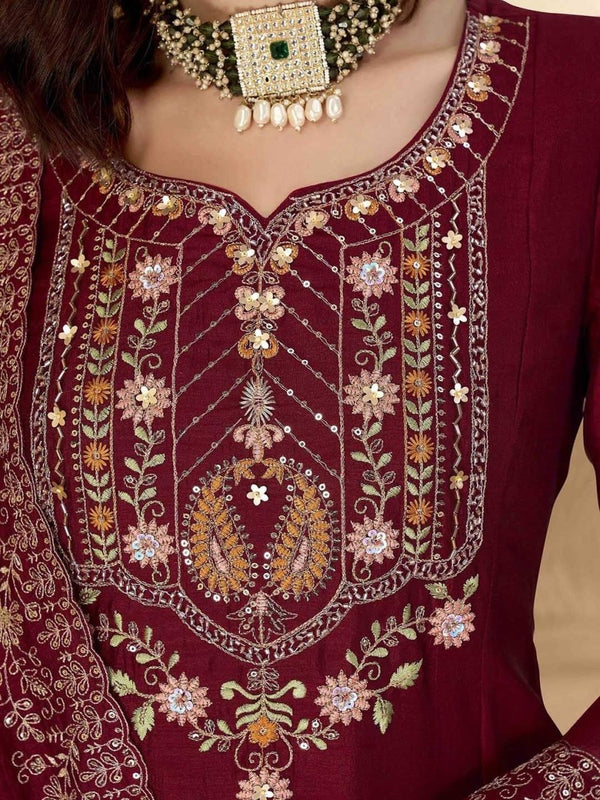 Anouk Maroon Ethnic Motifs Embroidered Sequinned Anarkali Kurta With Trouser & Dupatta