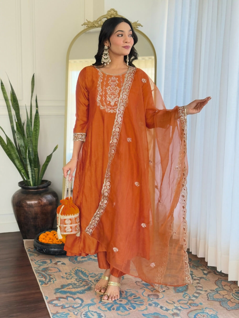 Divine Drape Women's Vichitra Silk Embroidered Flared Kurta Pant With Dupatta - Orange