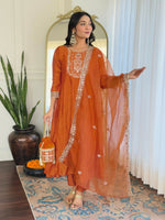 Thumbnail for Divine Drape Women's Vichitra Silk Embroidered Flared Kurta Pant With Dupatta - Orange