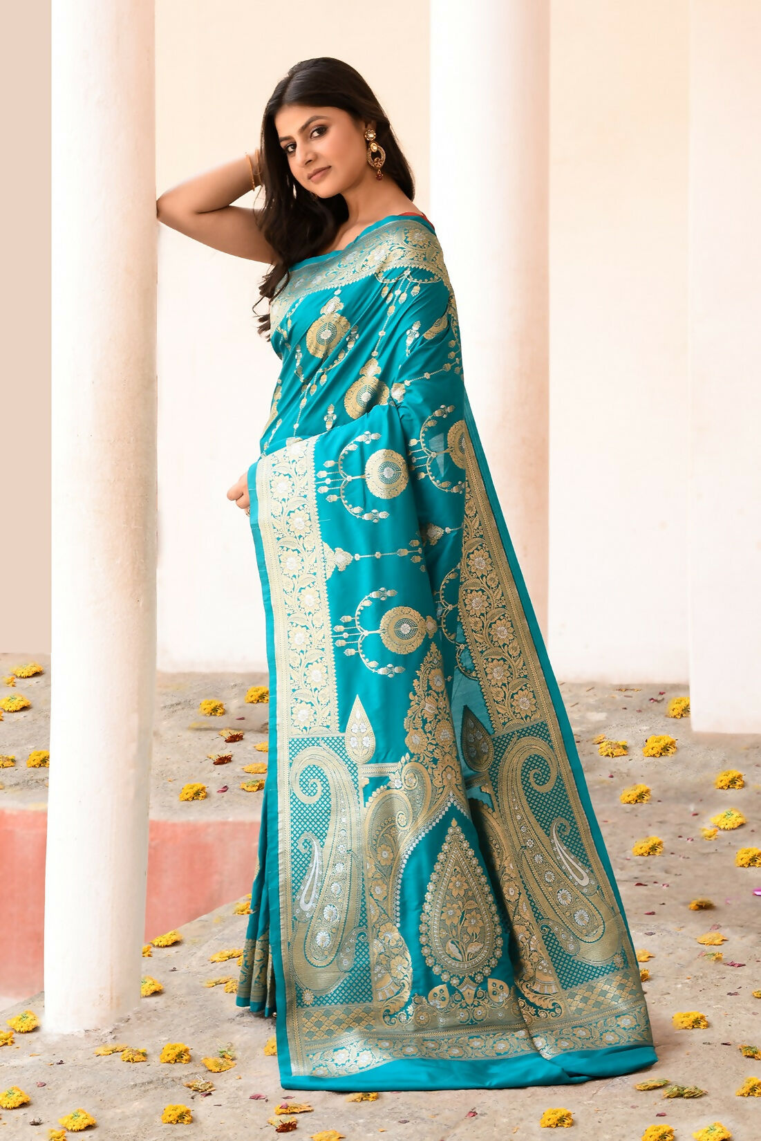 Joban Fashion Teal Green Banarasi Soft Pure Handloom Banarasi Silk Saree