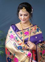 Thumbnail for Jyoti Fashion Women's Purple Paithani Silk Zari Woven Saree with Blouse - Distacart
