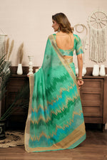 Thumbnail for Joban Fashion Teal Green Ikkat Linen Ready To Wear Saree With Unstitched Blouse - Distacart