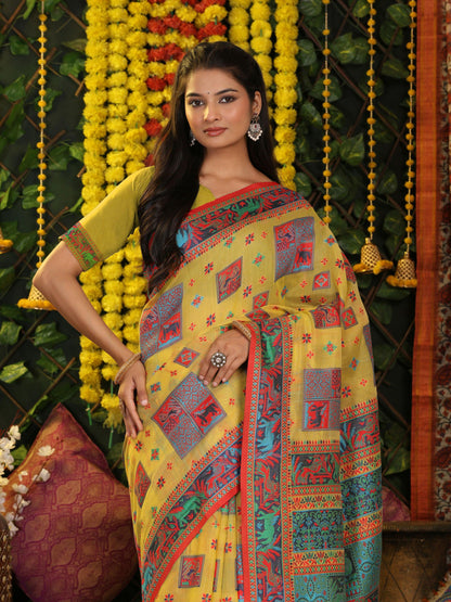 Shree Shyam Fashion Linen Cotton Yellow Saree - Distacart
