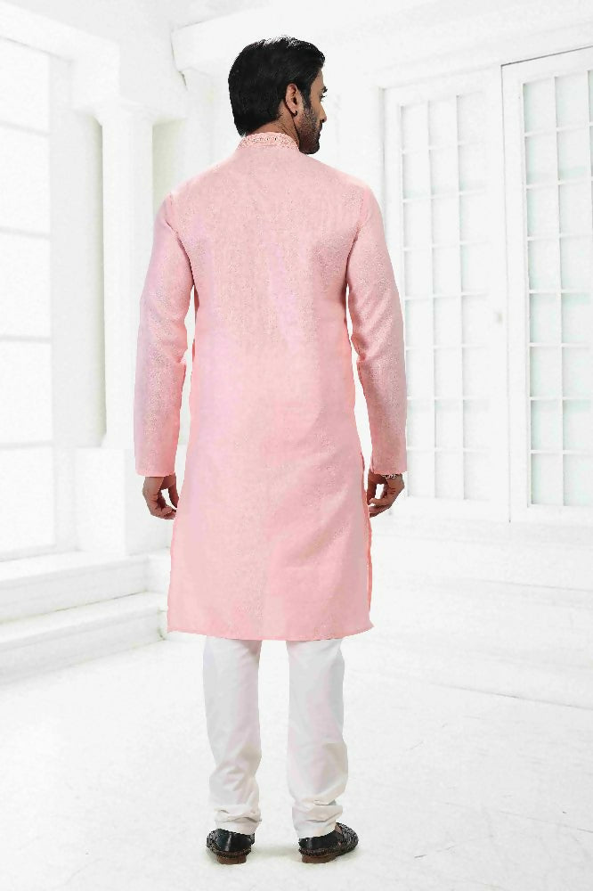 Raivat Ethnic Linen Cotton Thread Work Kurta Pajama In Pink Colour - Dista